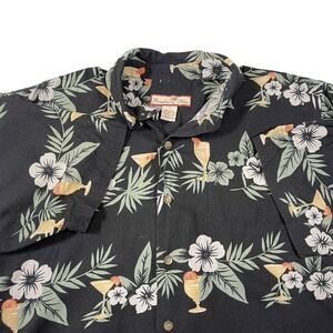 Paradise Blue Large Black Shirt Silk Cotton Tropical Floral Hibiscus Cocktail
